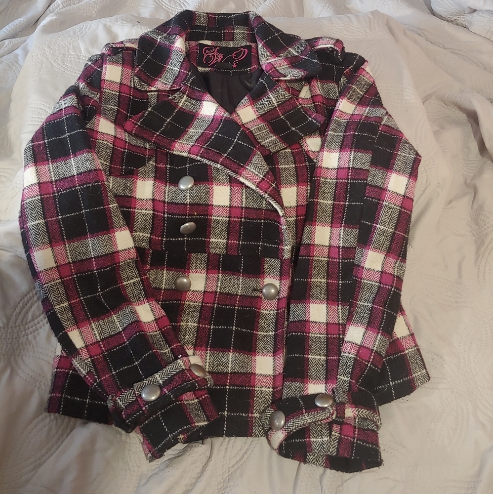 Pink/black plaid peacoat 5/$10